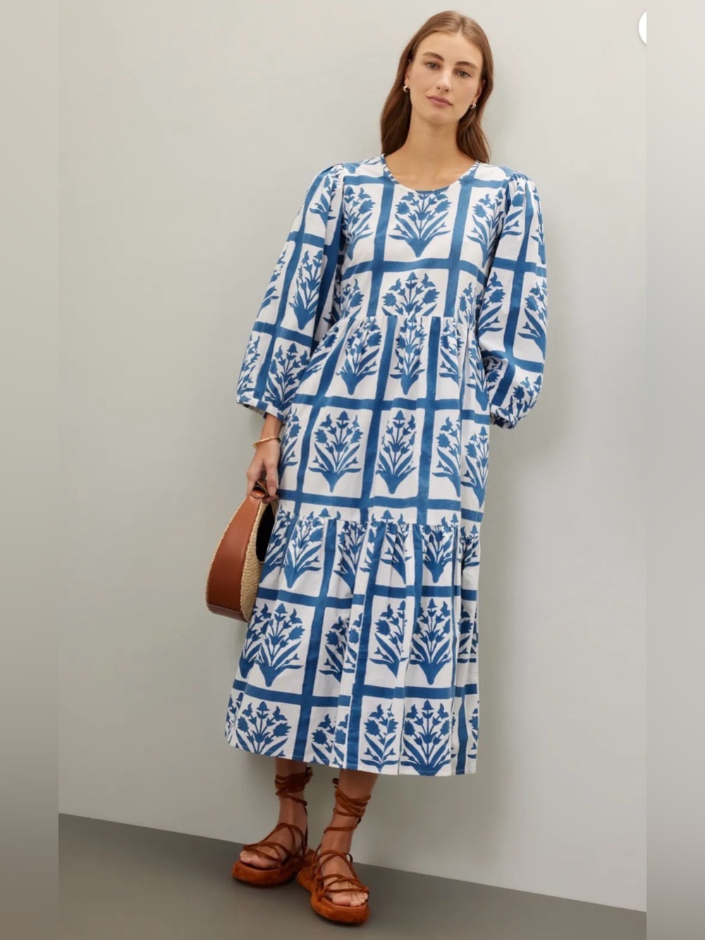 SZ BLOCKPRINTS Blue Floral Block Print Midi Dress